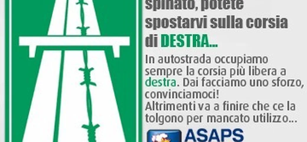 Viabilità: nuova campagna ASAPS sull'utilizzo della corsia di destra