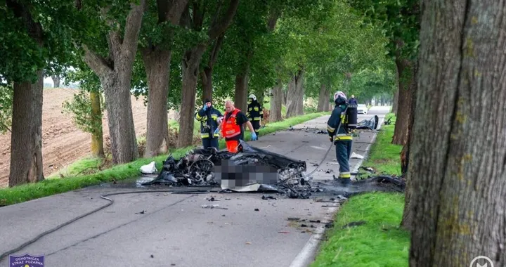 Porsche disintegrata in un incidente su un viale alberato
