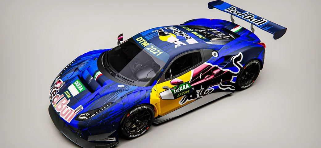 La Ferrari 488 GT3 Evo nel DTM 2021 con i colori Red Bull
