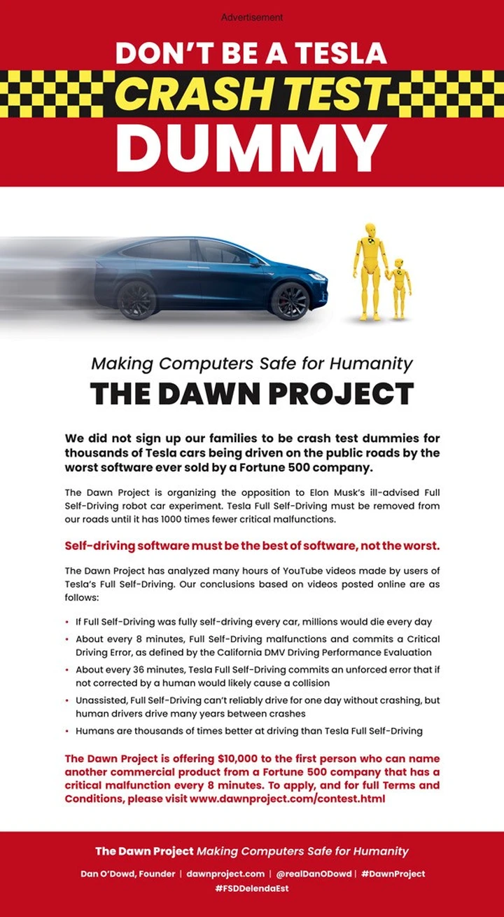 La pesante accusa di Dawn Project nei confronti di Tesla