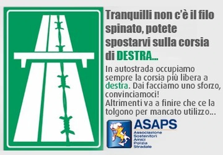 Viabilità: nuova campagna ASAPS sull'utilizzo della corsia di destra