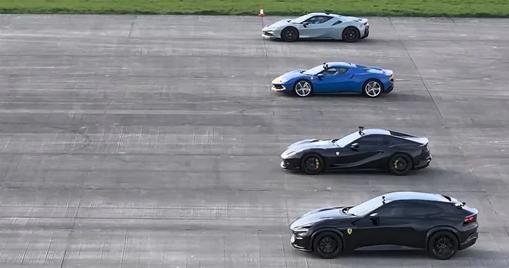 Ferrari Purosangue contro 812, SF90 e 296: l'incredibile drag race rampante | Video