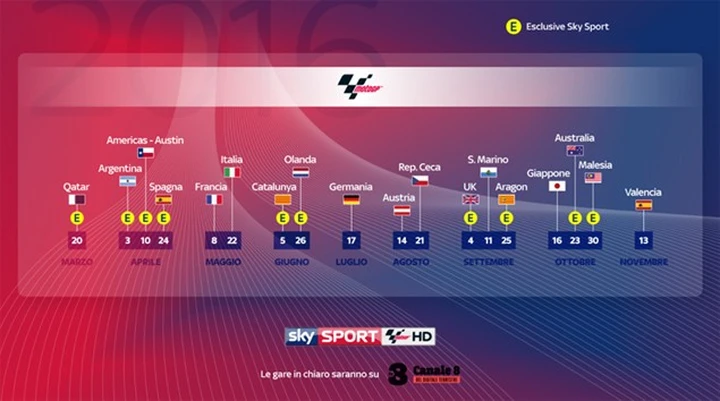 MotoGP 2016: 10 GP in esclusiva su Sky, 8 in chiaro su TV8