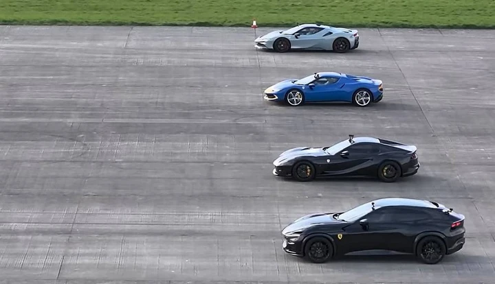 Ferrari Purosangue contro 812, SF90 e 296: l'incredibile drag race rampante | Video