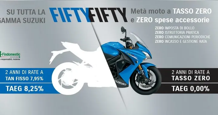 Suzuki, promozione Fifty Fifty: metà moto a tasso zero