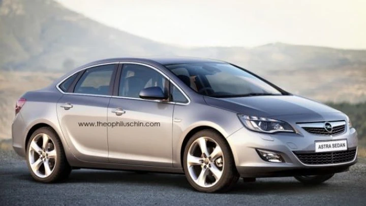 Opel Astra: ricostruzione grafica della berlina a tre volumi