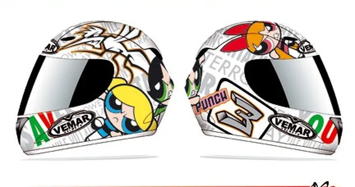 Dolly, Lolly e Molly sul casco Vemar di De Angelis