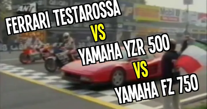 Race between Ferrari Testarossa, Yamaha Fz 750 and Yamaha Yzr 500