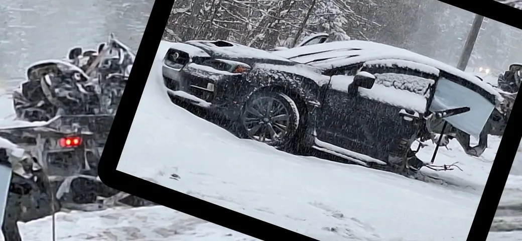 Subaru WRX squarciata a metà durante un tentativo di sorpasso sulla neve [VIDEO]