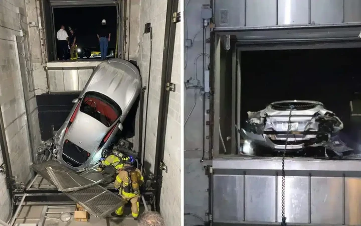 Ferrari Roma precipita da ascensore auto, disastro da migliaia di euro