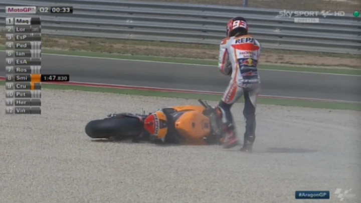MotoGP Aragon, Marquez vola (a terra) e in qualifica davanti a Lorenzo. Super Iannone. Rossi in 