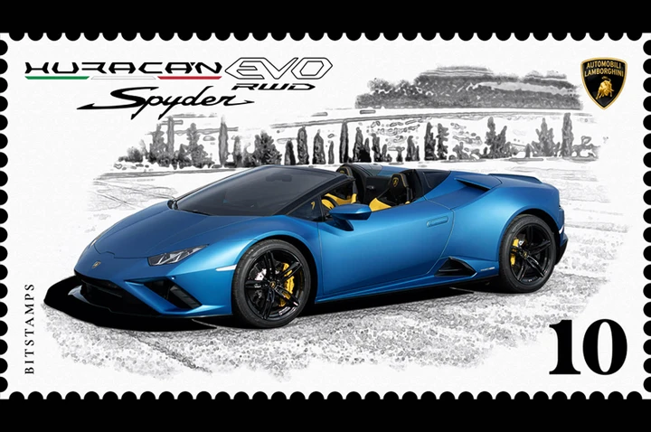 Lamborghini e Bitstamps lanciano il primo francobollo digitale da collezione: sopra c'è una Huracán EVO RWD Spyder