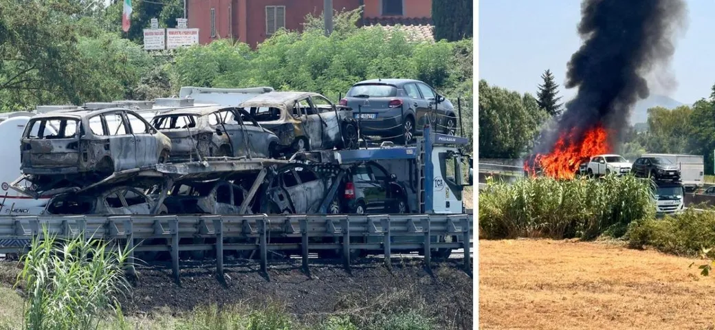 La bisarca carica di auto prende fuoco in autostrada: spavento in Toscana