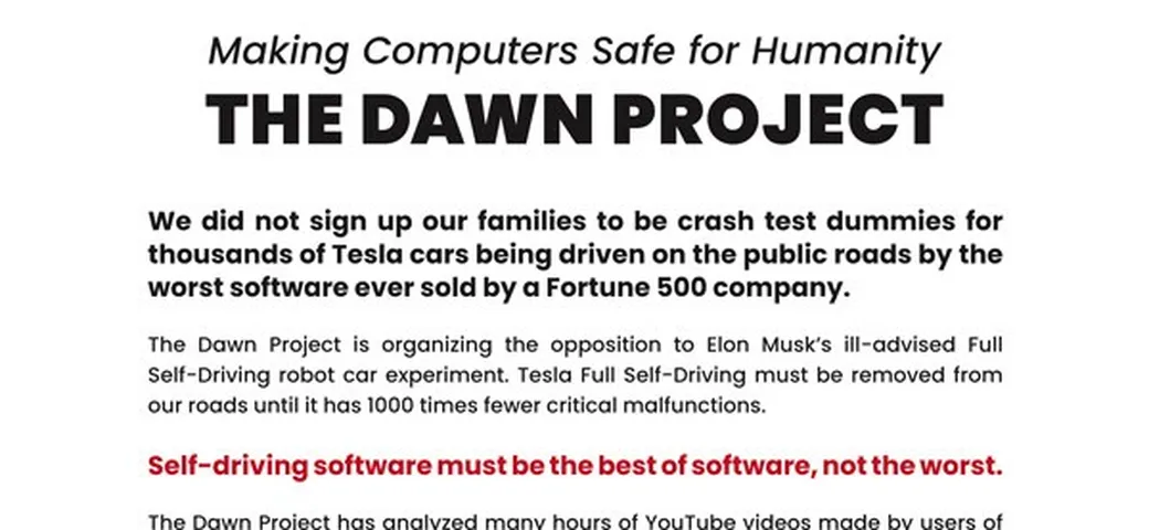 La pesante accusa di Dawn Project nei confronti di Tesla