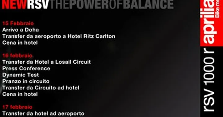 Programma presentazione Aprilia RSV 1000 R ed R Factory in Qatar