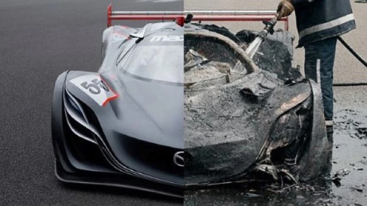 La Mazda Furai a fuoco durante le riprese di Top Gear 2008