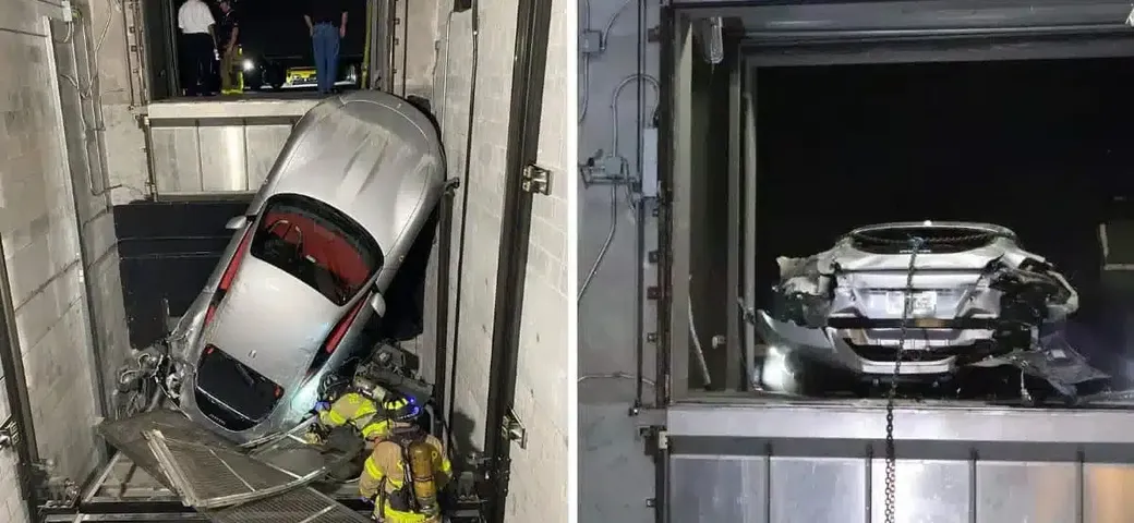 Ferrari Roma precipita da ascensore auto, disastro da migliaia di euro