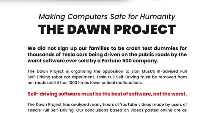 La pesante accusa di Dawn Project nei confronti di Tesla