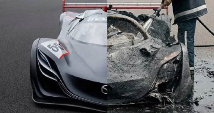 La Mazda Furai a fuoco durante le riprese di Top Gear 2008