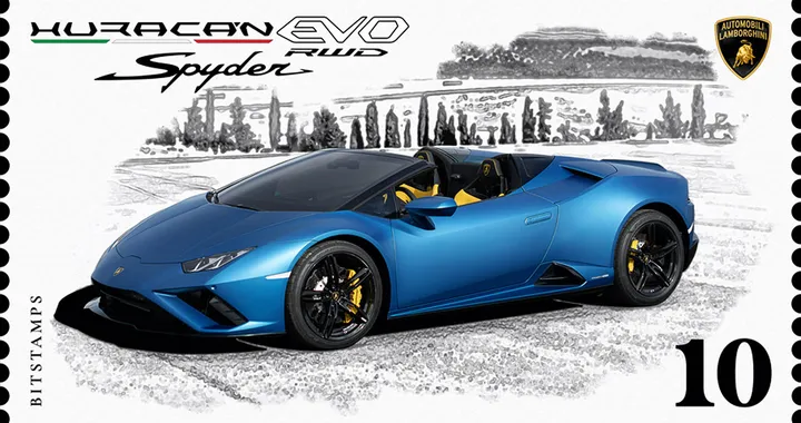 Lamborghini e Bitstamps lanciano il primo francobollo digitale da collezione: sopra c'è una Huracán EVO RWD Spyder