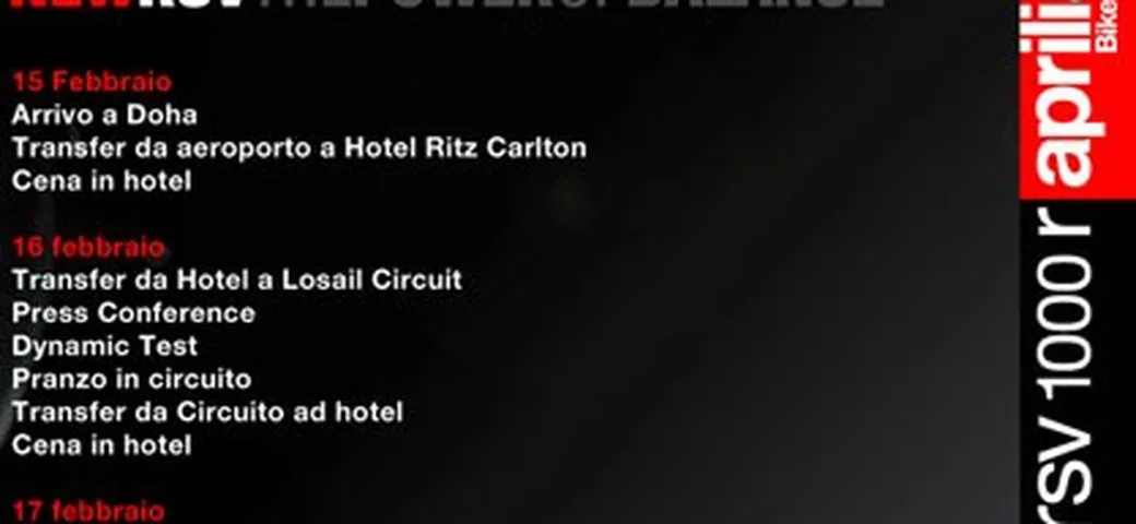 Programma presentazione Aprilia RSV 1000 R ed R Factory in Qatar